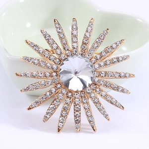 Dettaglio macro di una spilla a forma di sole dorata con strass su un piatto bianco