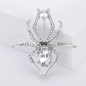 Halloween silver spider brooch with clear rhinestones and faceted crystal for suit lapels