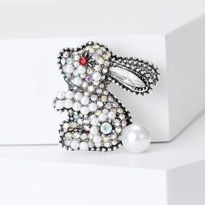 Creative rabbit brooch pin with colorful rhinestones and white pearls in silver finish