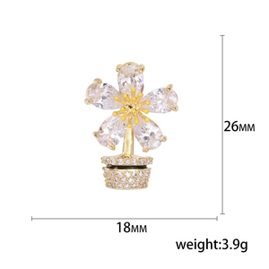 Elegant crystal flower pot brooch with micro-paved zircons in a gold-plated setting