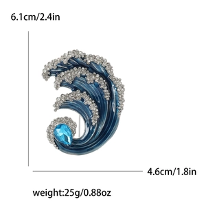 Creative blue enamel ocean wave brooch with rhinestones and teardrop gemstone, 6.1cm x 4.6cm