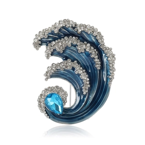 Exquisite blue enamel ocean wave brooch with rhinestones and drop crystal for suits