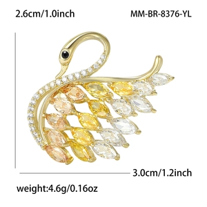 Luxurious swan brooch with golden metal base and colorful marquise zircon stones
