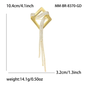 Golden geometric square brooch with sparkling zircon tassels for stylish suit accessories