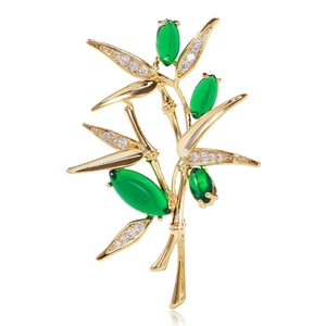 Spilla in Stile Cinese Vintage a Forma di Bambù Per Donna Elegante in Ottone Placcato Oro Strass Verdi Zirconia Spilla Pianta