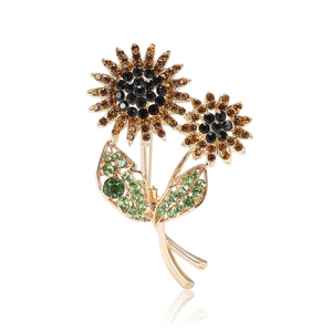 Elegant rhinestone sunflower brooch with golden alloy frame and amber petals on white base