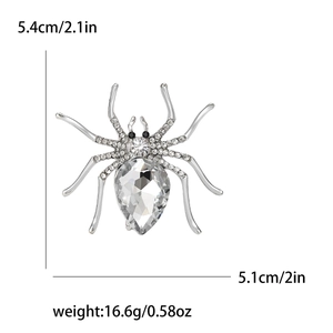Spider brooch in silver alloy with pear-shaped crystal and white rhinestones, size 5.1x5.4cm