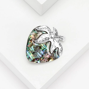 Creative strawberry brooch with colorful abalone shell inlay and silver metal leaves