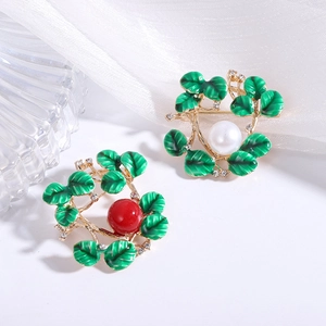 Vintage Alloy Green Enamel Leaf Wreath Brooch With Artificial Pearl Rhinestone For Women Flower Plant Pin Jewelry Gift