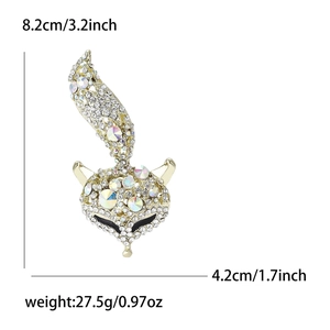 Broche renard en alliage doré avec strass, hauteur 8,2 cm, accessoire chic pour costume