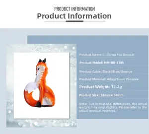 Detail showing cartoon fox brooch dimensions 53mm by 34mm with alloy and rhinestone specs