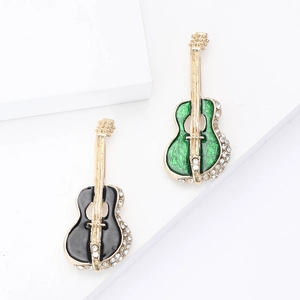 Elegant guitar shaped brooch with enamel inlay and sparkling crystal rhinestones for women
