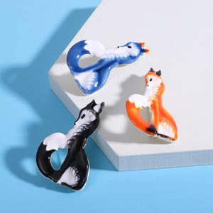 Cute enamel fox brooch set in blue and orange for elegant suit accessories decoration