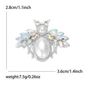 Exquisite pearl and rhinestone bee brooch with silver wings and dimension markings