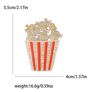 Spilla popcorn creativa con smalto rosso e strass su base dorata, 5,5cm x 4cm