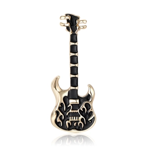 Creative electric guitar brooch pin in black enamel and gold alloy with rock punk style