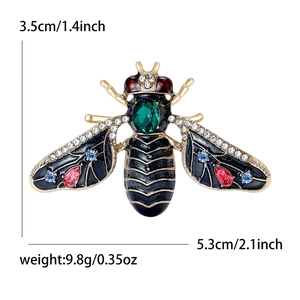Fashionable golden bee brooch with green gem and colorful rhinestones for suits