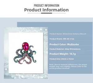 Detail view of octopus brooch with alloy base, rhinestones and size dimensions 44mm x 45mm
