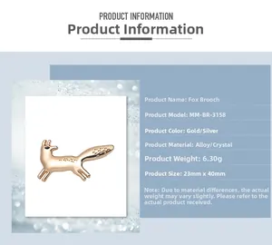 Detailed view of fox brooch showing product dimensions and alloy material specifications