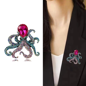 Detailed view of octopus brooch with blue rhinestones pinned on a blazer lapel