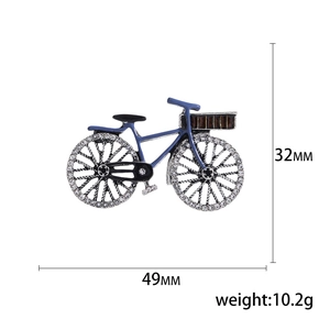 Blue enamel bicycle brooch with clear zircon wheels and brown basket, 49x32mm