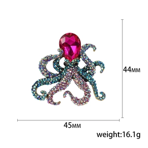 Colorful rhinestone octopus brooch in alloy with 44mm x 45mm dimensions and magenta stone