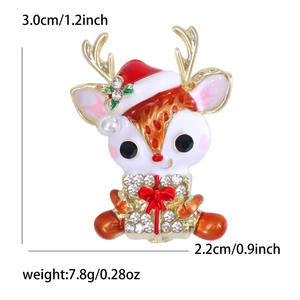 Broche de Noël renne de dessin animé avec chapeau rouge et boîte cadeau dorée, perles et strass