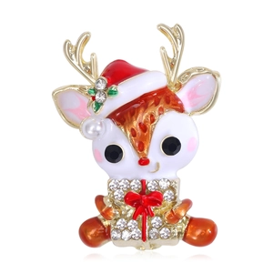 Broche Renne de Noël en Alliage Émail Strass Fausse Künstliche Perle pour Femmes Mignonne Renne Avec Bonnet de Père Noël Boîte Cadeau Bijou