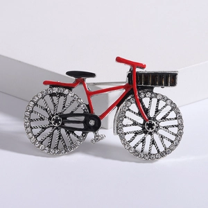Vintage style red enamel bicycle brooch pin with sparkling white zircon wheels
