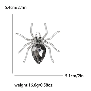Vintage silver alloy spider brooch with grey pear gem and white rhinestones for suits