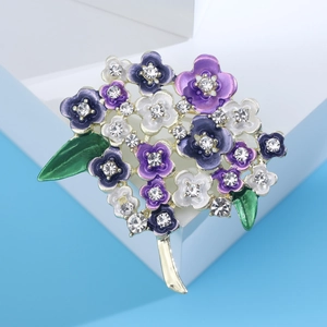 Fashionable floral brooch with colorful hydrangea enamel petals and diamond accents on gold base
