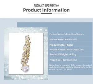 Detailed dimensions and material specs for the golden wheat ear rhinestone brooch