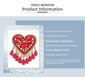Detailed spec sheet of red heart brooch with pearls and rhinestones sized 42mm by 32mm