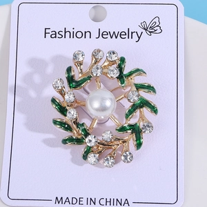 Fashion floral wreath brooch with green enamel leaves, white pearl, and sparkling rhinestones