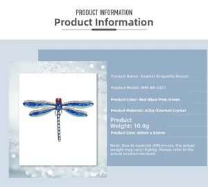 Detail showing dimensions of blue enamel dragonfly brooch with rhinestones and alloy frame
