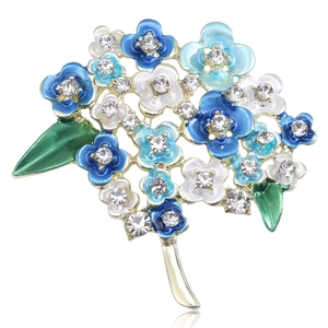 Elegant silver hydrangea flower brooch with blue enamel petals and sparkling rhinestones