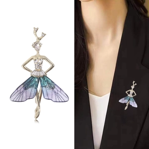 Elegant ballet dancer brooch with dragonfly wings and antlers on black suit jacket