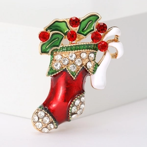 Weihnachtssocke Brosche Legierung Emaille Strass Nadel Festliche Stechpalmenblatt Schleife Dekoration Damen Herren Schmuck