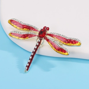 Exquisite enamel dragonfly brooch with red-yellow gradient wings and sparkling rhinestones