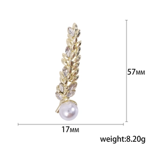 Elegant gold wheat brooch with marquise crystals and white pearl, 57mm length