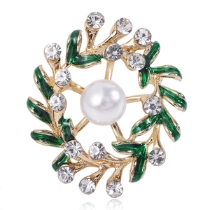 Elegant Floral Wreath Brooch For Women Alloy Gold Plated Enamel Leaf With Imitation Artificial Pearl Rhinestones Vintage Jewelry