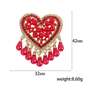 Elegant gold heart brooch with red rhinestones and teardrop pearls, 42mm x 32mm size