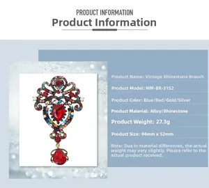 Infografía detallada del broche de strass vintage con medidas y especificaciones de peso