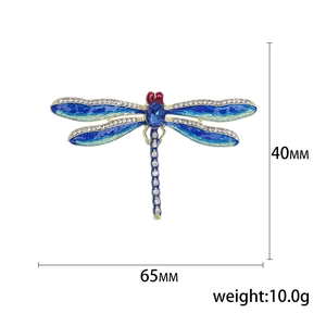 Fashionable enamel dragonfly brooch with blue rhinestones and gradient wings, 65mm size