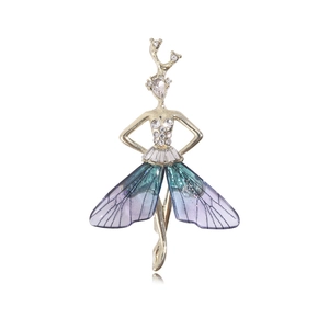 Creative Ballerina Fairy Brooch For Women Alloy Rhinestone Inlaid Gradient Dragonfly Wings Deer Horn Pin Elegant Artistic Jewelry Gift