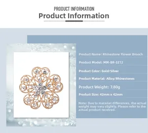 Detail showing crystal flower brooch specifications 42mm size and alloy material features
