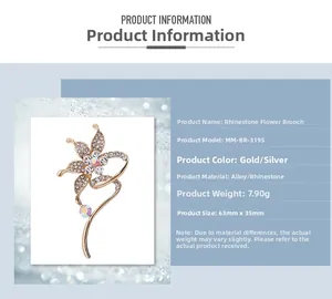 Macro detail of rhinestone flower brooch showing alloy material and exact dimensions