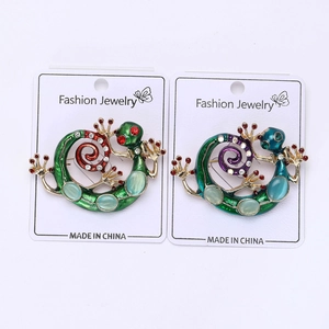 Detailed macro of colorful lizard brooches with rhinestones on fashion jewelry card