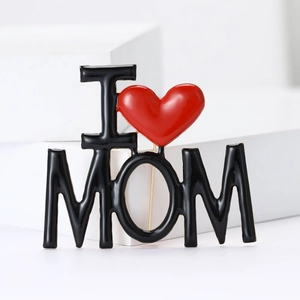 Minimalist I Love MOM enamel brooch in black and red for women suit or coat decor