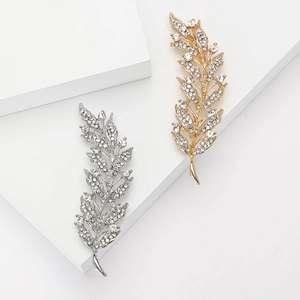 Broche Épi de Blé en Alliage de Strass Élégante pour Femmes Mode Or Argent Plaqué Feuille Plume Épingle de Revers Banquet Bijoux
